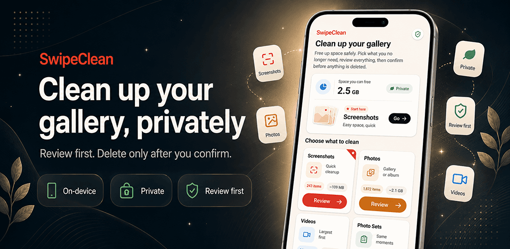 SwipeClean marketing preview showing a private gallery cleanup app.