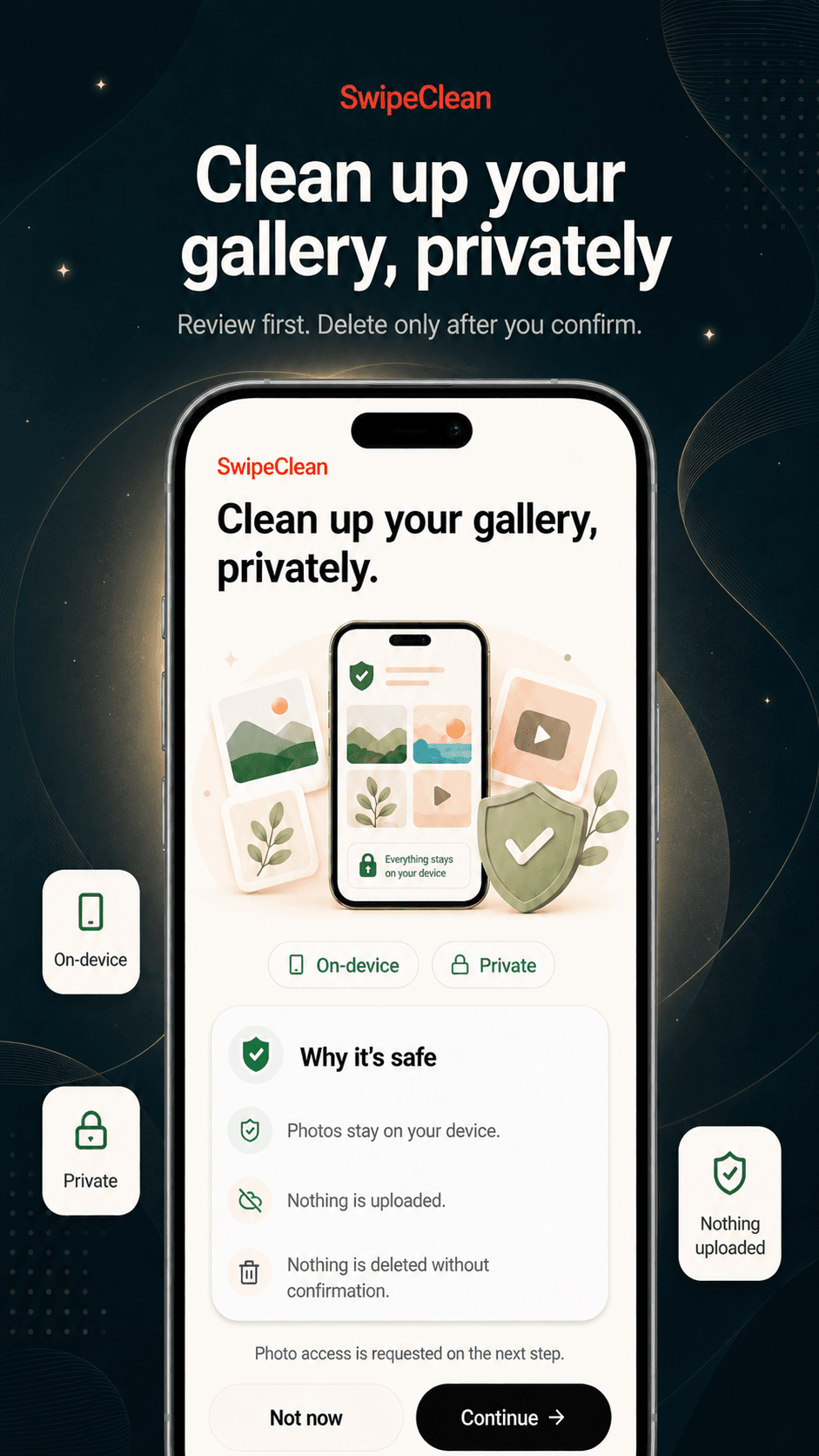 SwipeClean home screen showing private gallery cleanup options.