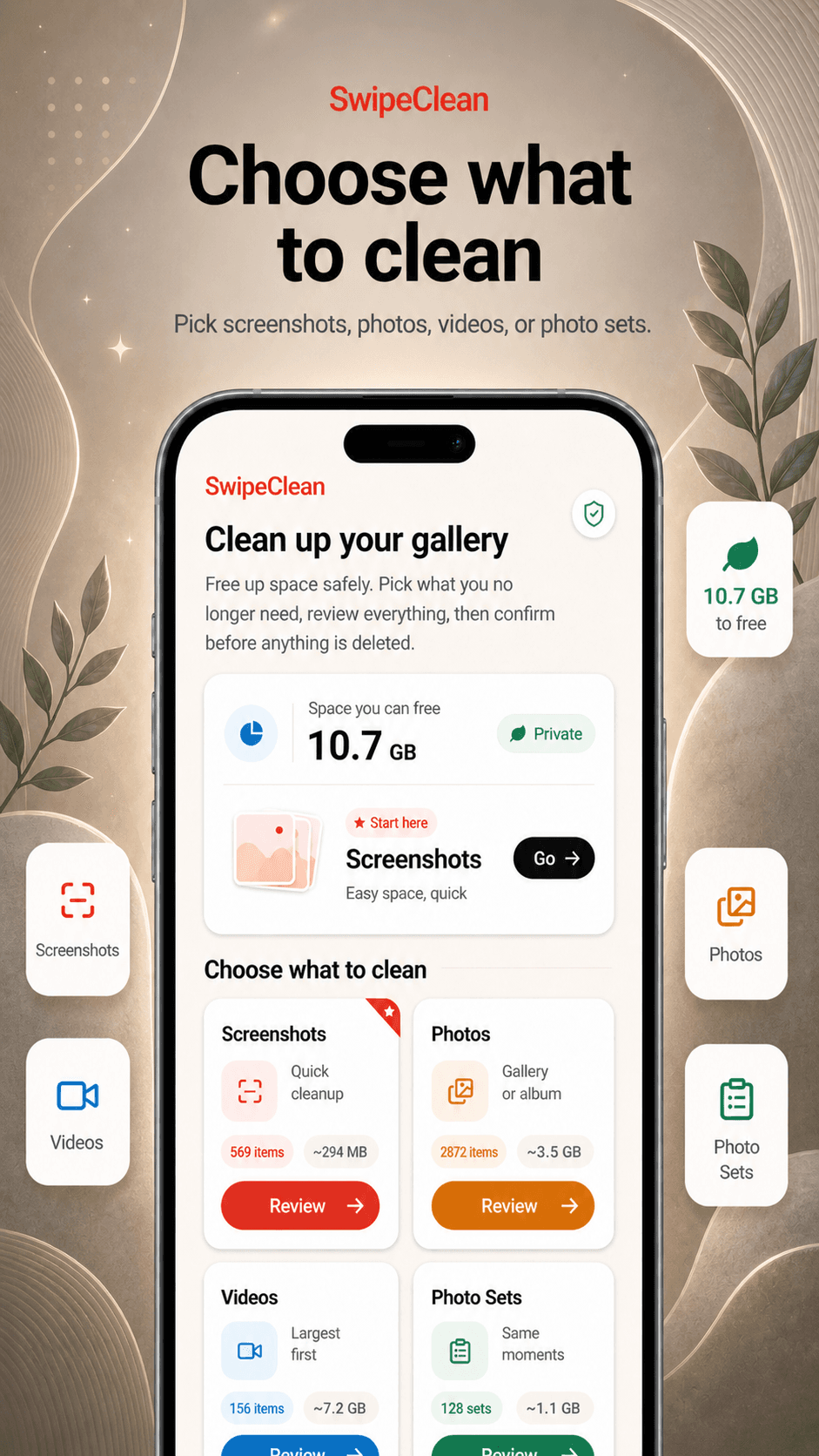 SwipeClean review screen showing a photo cleanup workflow.