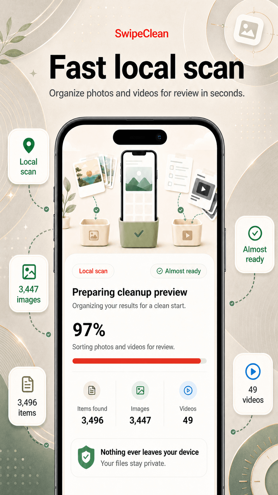 SwipeClean safety screen showing review before deletion.
